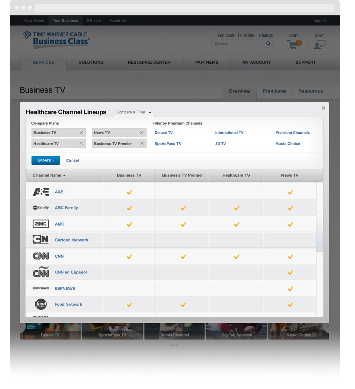 Time Warner Cable Business Class TV Lineup overlay